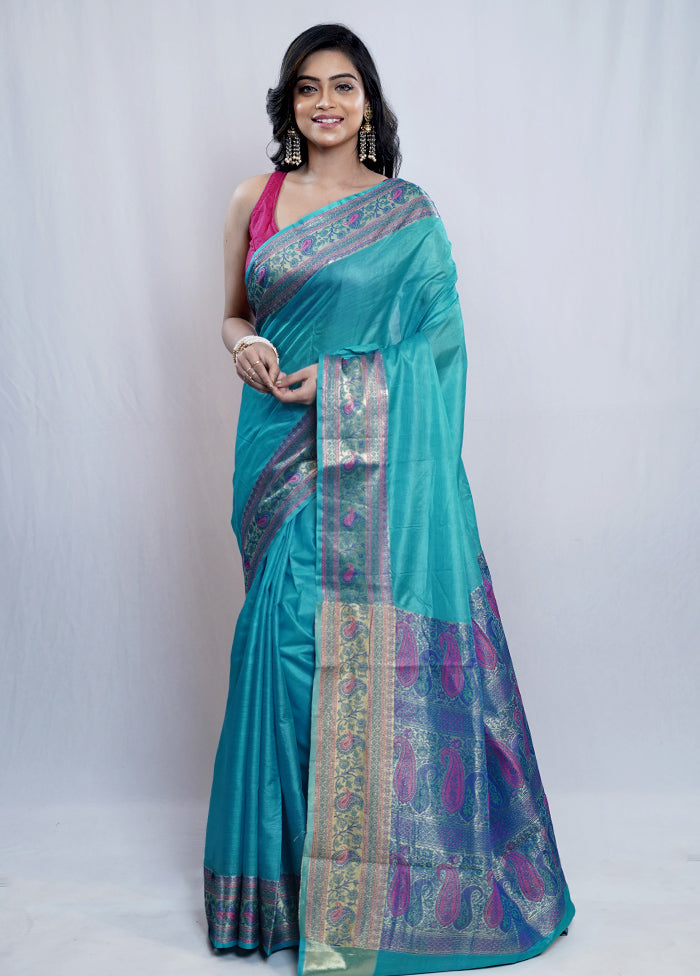 Blue Tussar Silk Saree With Blouse Piece - Indian Silk House Agencies