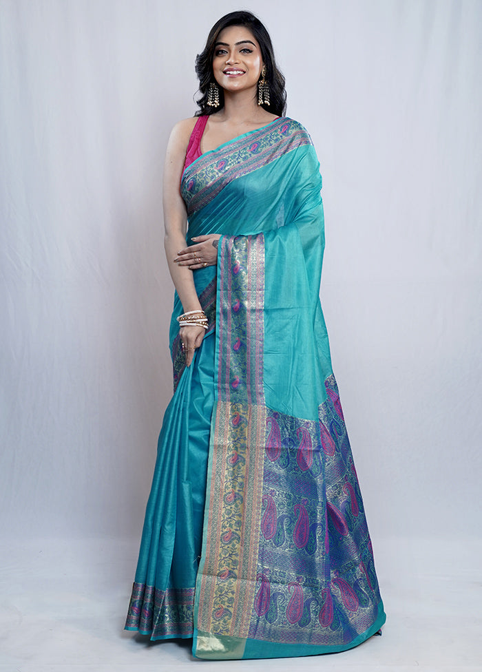 Blue Tussar Silk Saree With Blouse Piece - Indian Silk House Agencies