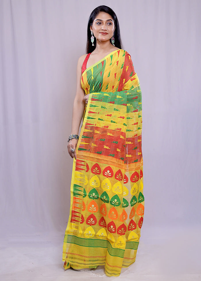 Yellow Tant Jamdani Saree Without Blouse Piece - Indian Silk House Agencies