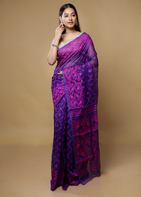 Blue Jamdani Cotton Saree Without Blouse Piece