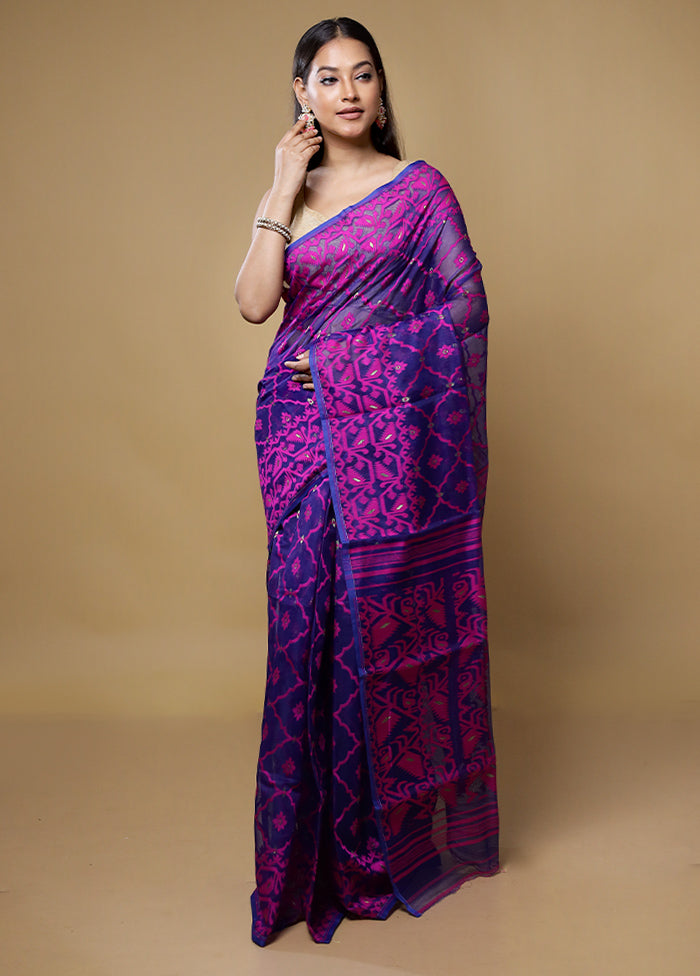 Blue Jamdani Cotton Saree Without Blouse Piece