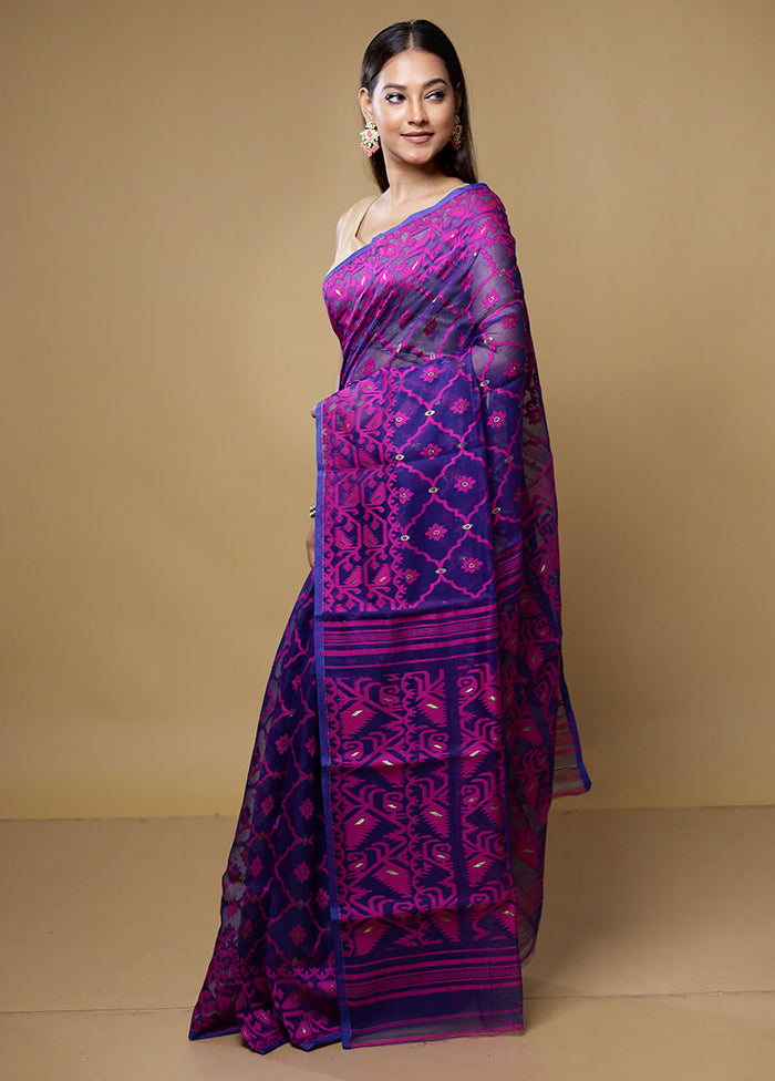 Blue Jamdani Cotton Saree Without Blouse Piece