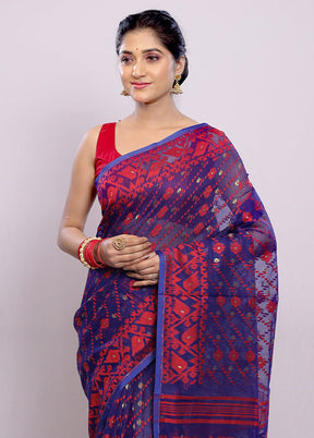 Blue Tant Jamdani Saree Without Blouse Piece - Indian Silk House Agencies