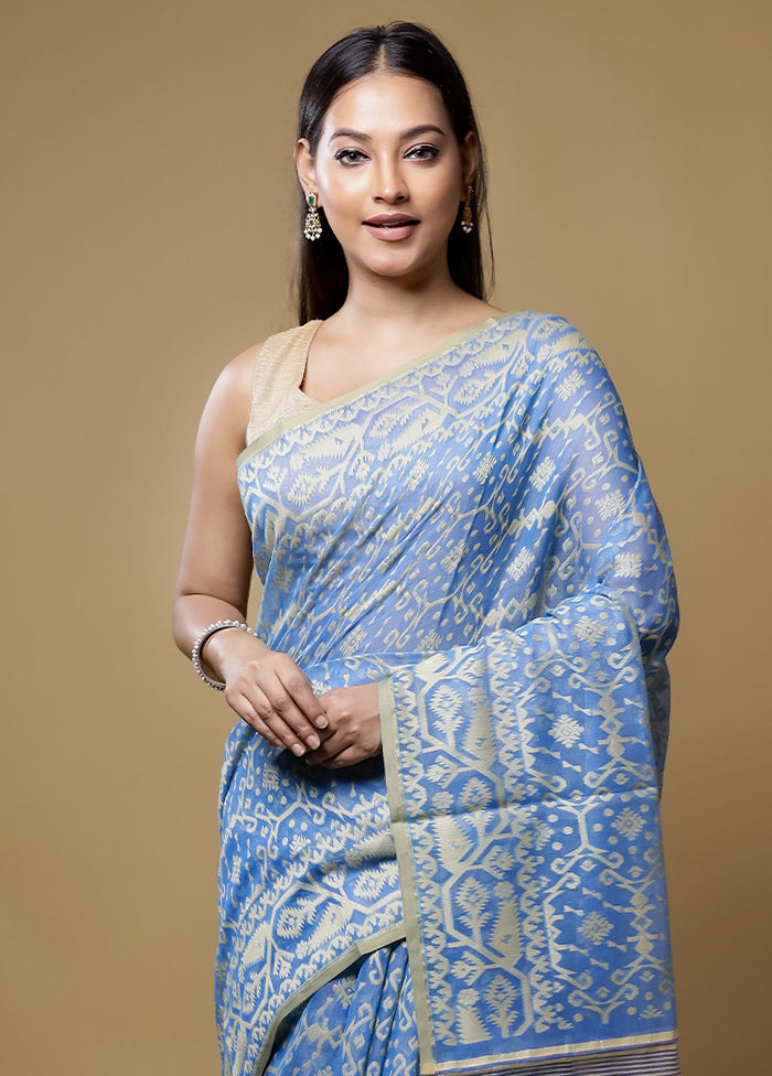 Blue Jamdani Cotton Saree Without Blouse Piece