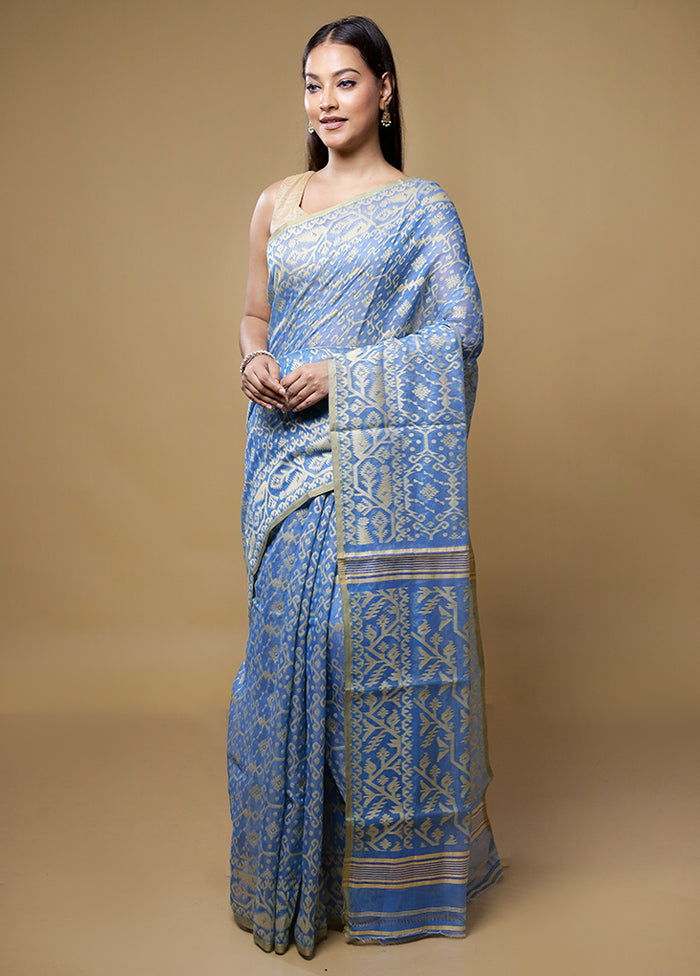 Blue Jamdani Cotton Saree Without Blouse Piece