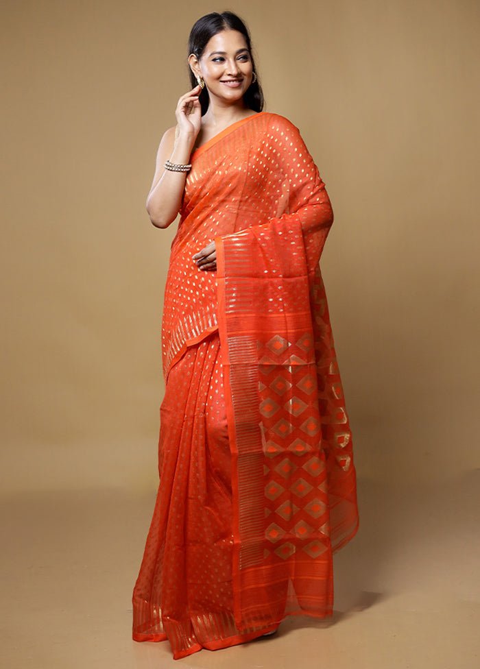 Orange Jamdani Cotton Saree Without Blouse Piece