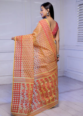 Red Tant Jamdani Saree Without Blouse Piece