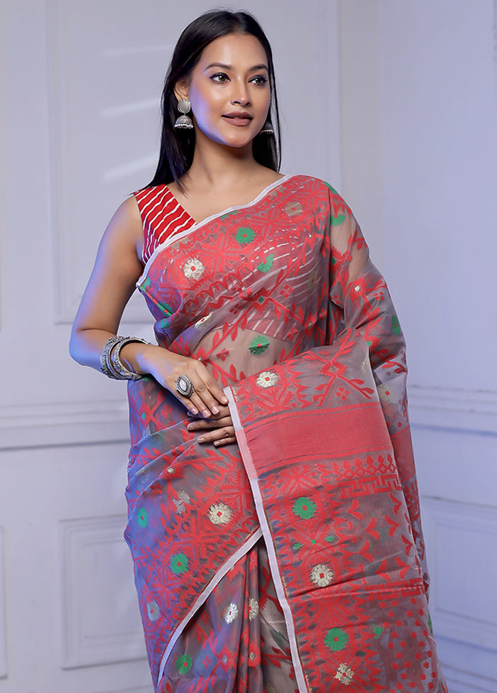 Pink Tant Jamdani Saree Without Blouse Piece