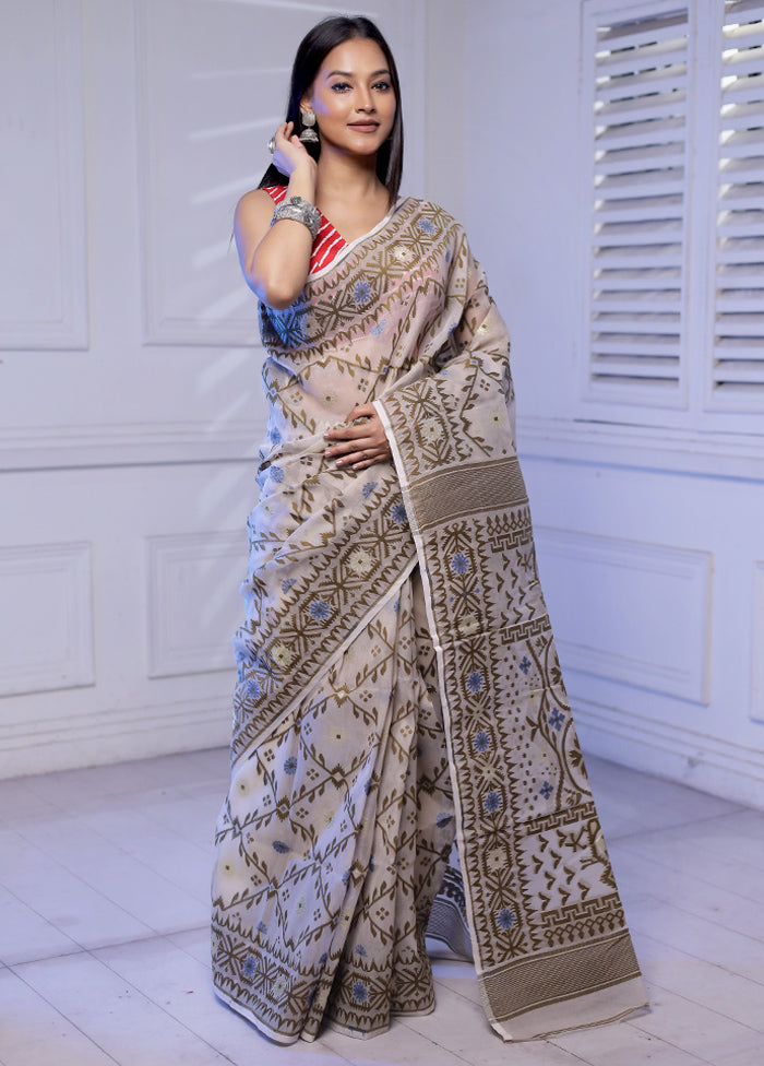 Grey Tant Jamdani Saree Without Blouse Piece