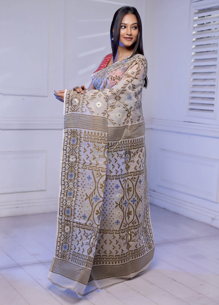 Grey Tant Jamdani Saree Without Blouse Piece