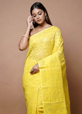 Yellow Jamdani Cotton Saree Without Blouse Piece