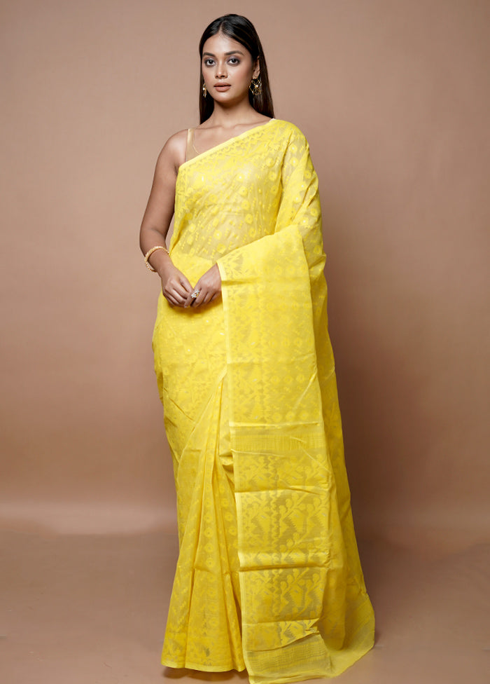 Yellow Jamdani Cotton Saree Without Blouse Piece