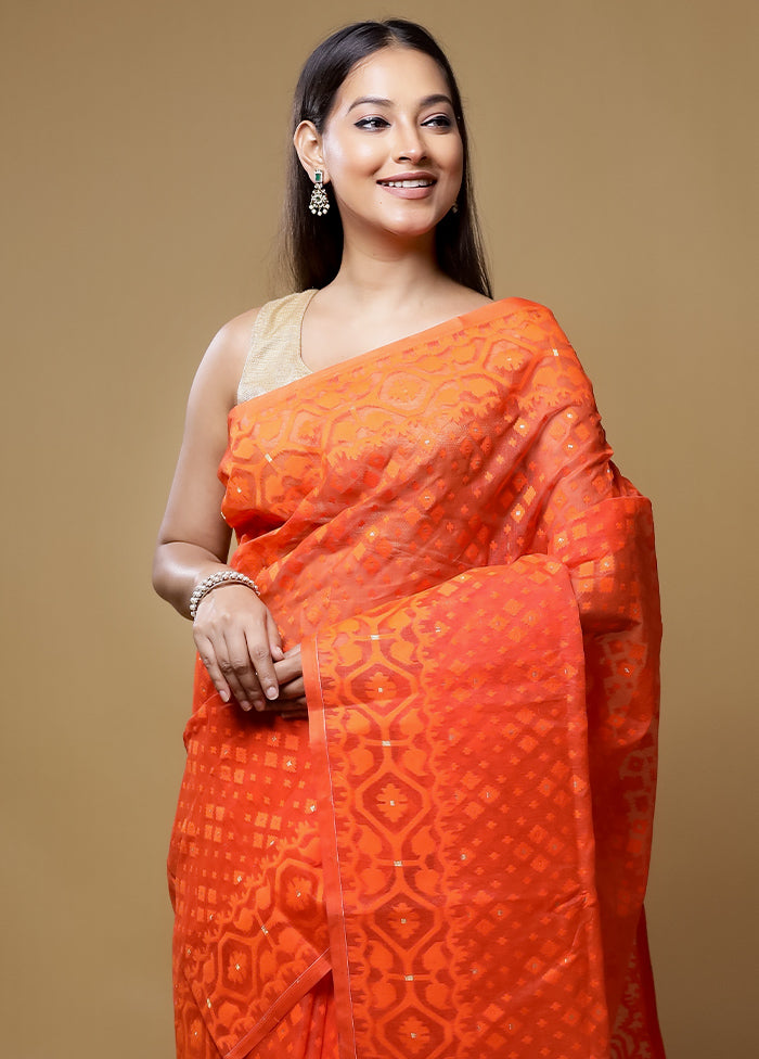 Orange Jamdani Cotton Saree Without Blouse Piece