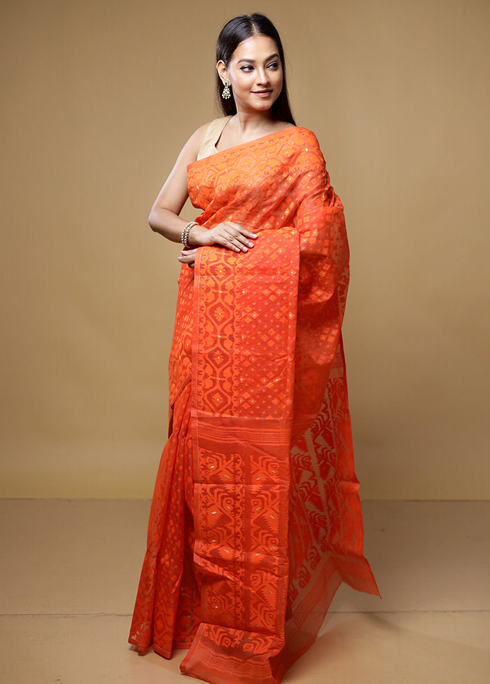 Orange Jamdani Cotton Saree Without Blouse Piece