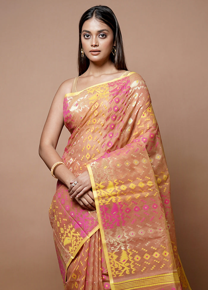 Peach Jamdani Cotton Saree Without Blouse Piece