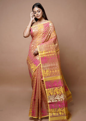 Peach Jamdani Cotton Saree Without Blouse Piece