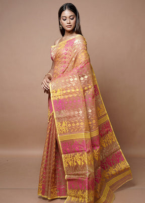 Peach Jamdani Cotton Saree Without Blouse Piece