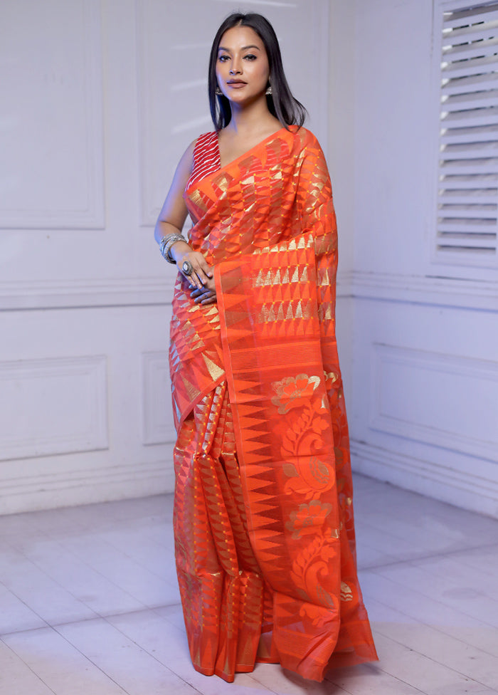 Orange Tant Jamdani Saree Without Blouse Piece