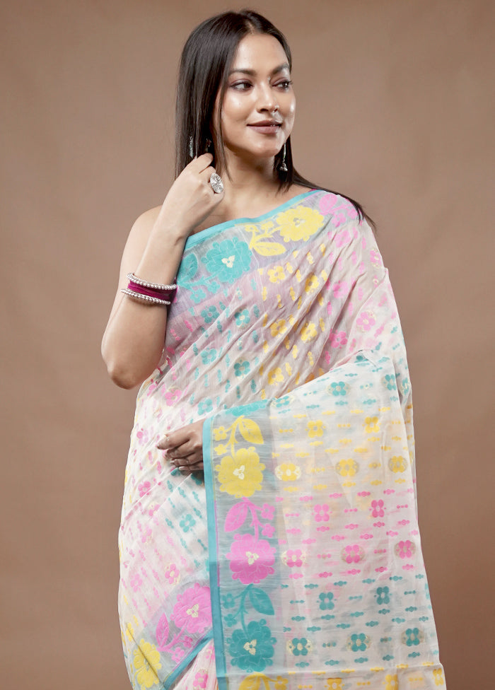 Cream Tant Jamdani Saree Without Blouse Piece - Indian Silk House Agencies