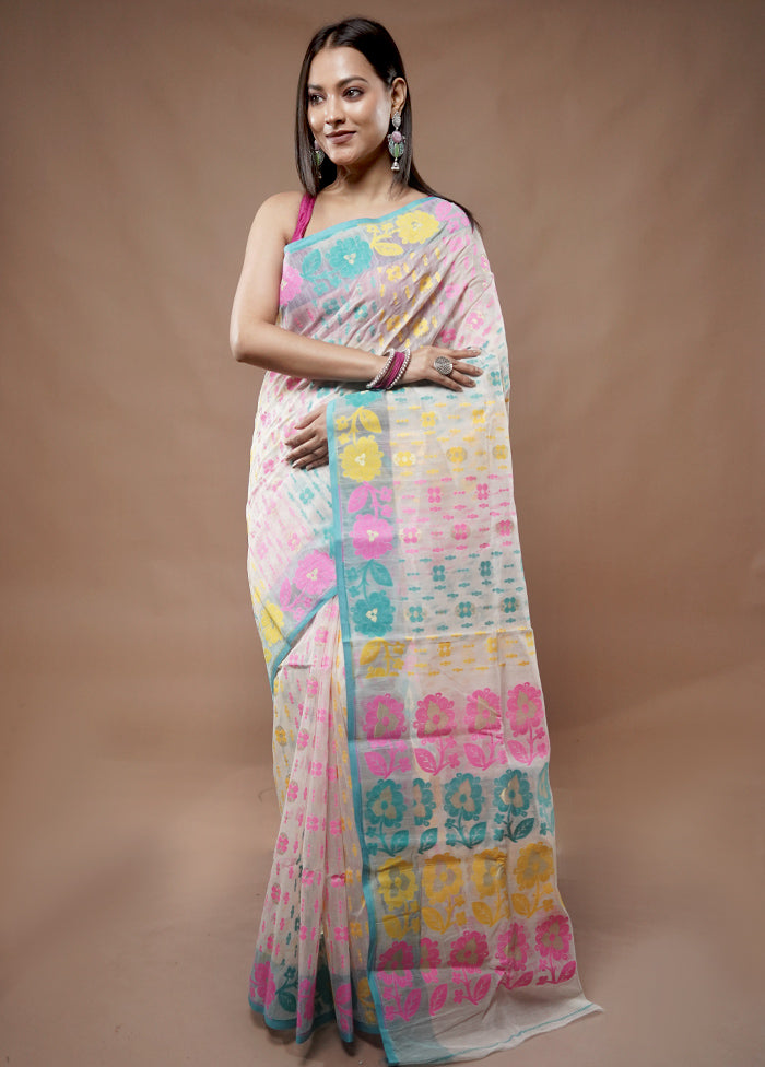 Cream Tant Jamdani Saree Without Blouse Piece - Indian Silk House Agencies