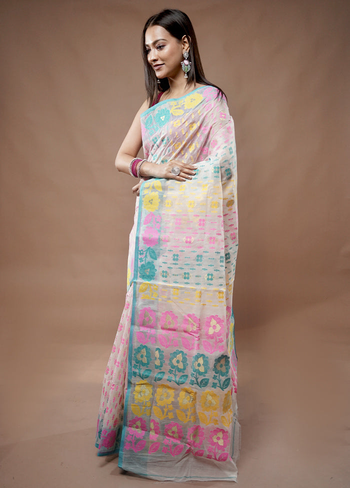 Cream Tant Jamdani Saree Without Blouse Piece - Indian Silk House Agencies