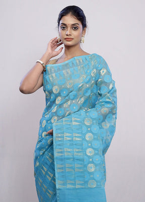 Blue Tant Jamdani Saree Without Blouse Piece - Indian Silk House Agencies