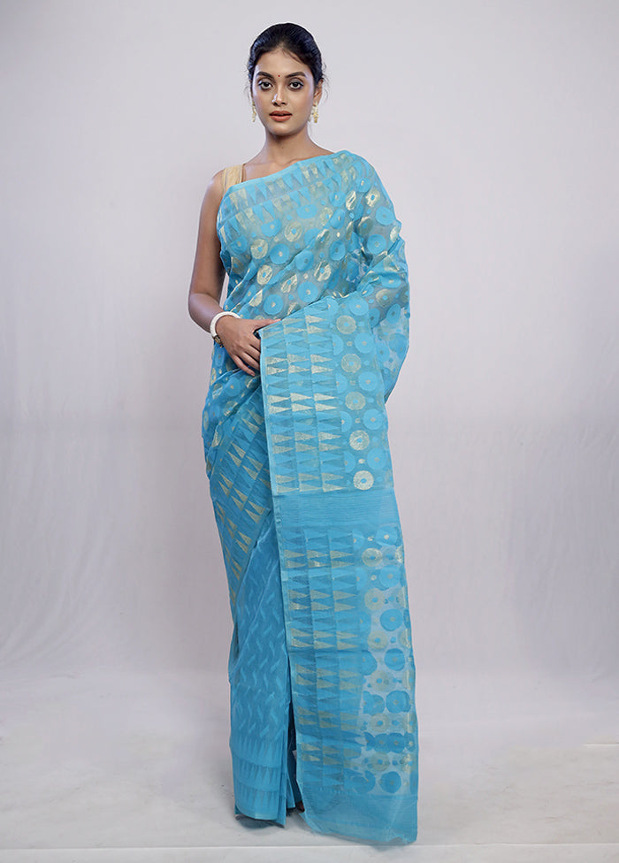 Blue Tant Jamdani Saree Without Blouse Piece - Indian Silk House Agencies