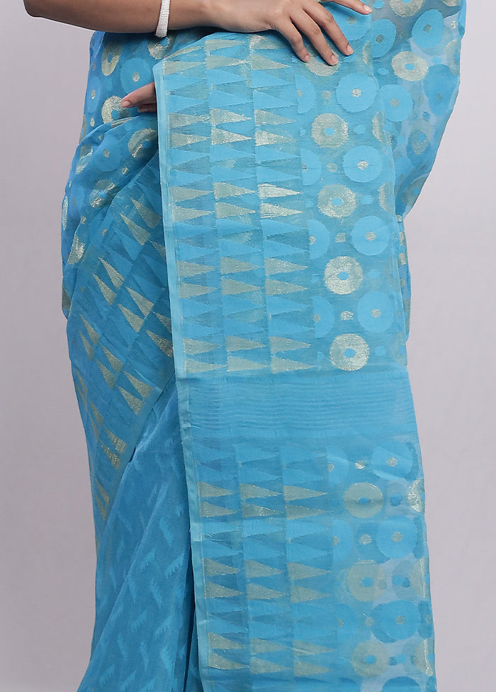 Blue Tant Jamdani Saree Without Blouse Piece - Indian Silk House Agencies