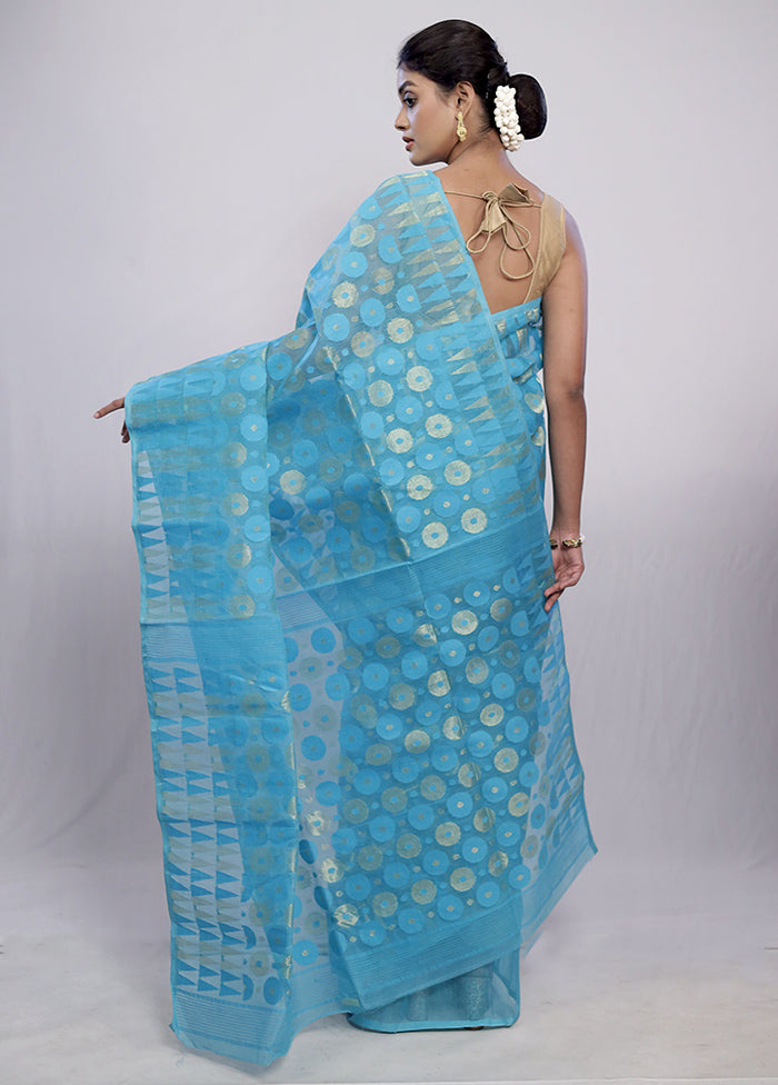 Blue Tant Jamdani Saree Without Blouse Piece - Indian Silk House Agencies