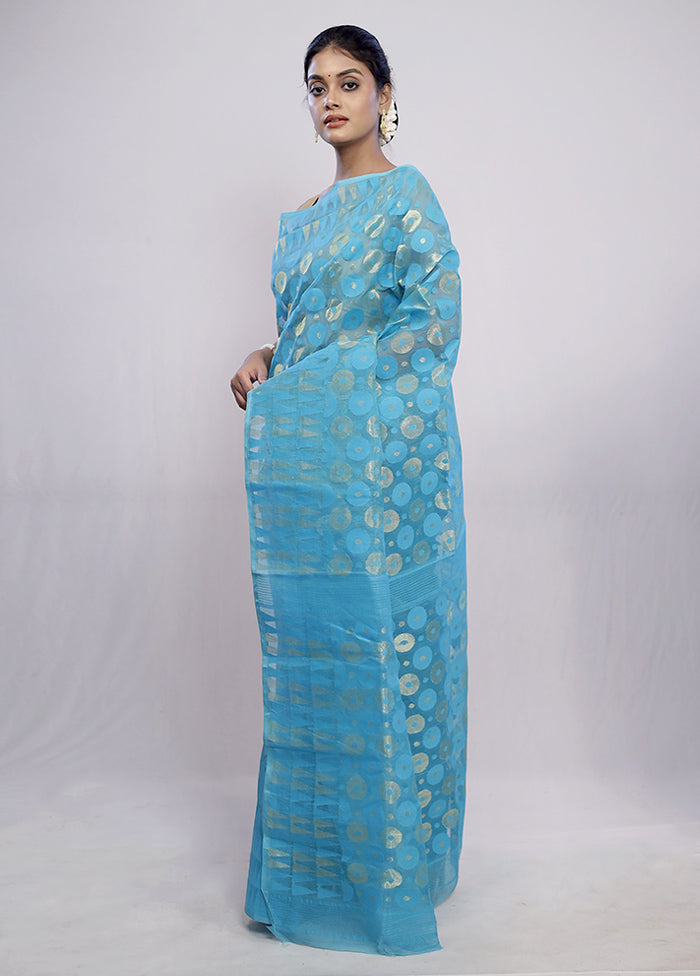 Blue Tant Jamdani Saree Without Blouse Piece - Indian Silk House Agencies