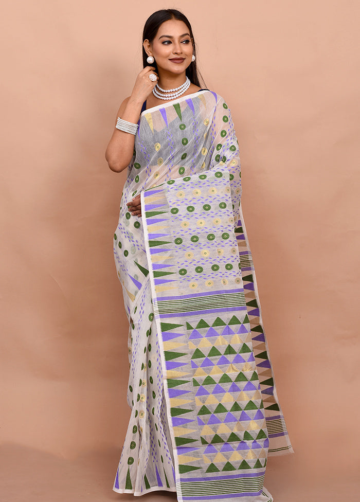 White Tant Jamdani Saree Without Blouse Piece - Indian Silk House Agencies