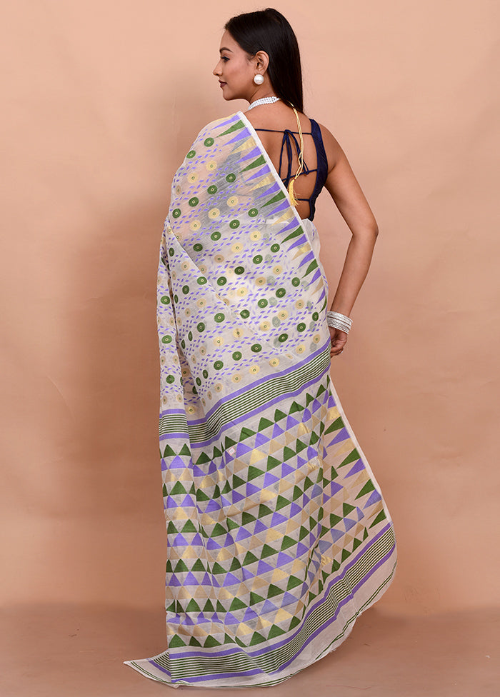 White Tant Jamdani Saree Without Blouse Piece - Indian Silk House Agencies