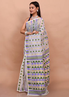 White Tant Jamdani Saree Without Blouse Piece - Indian Silk House Agencies