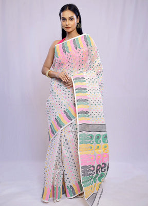 White Tant Cotton Saree Without Blouse Piece - Indian Silk House Agencies