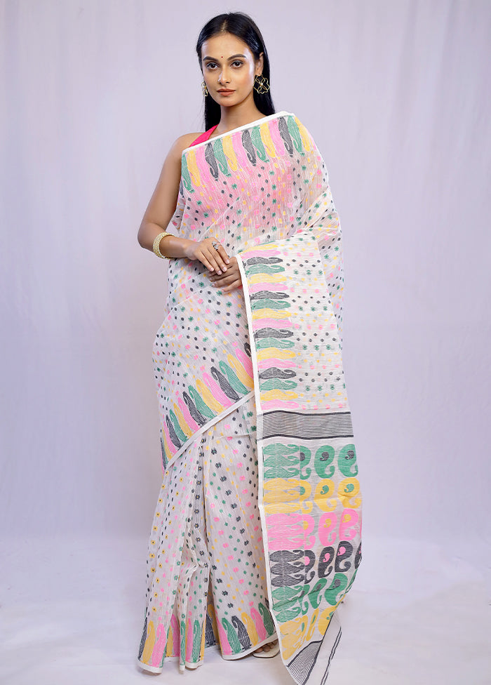 White Tant Cotton Saree Without Blouse Piece - Indian Silk House Agencies