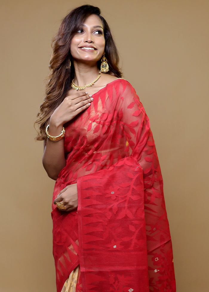 Red Tant Jamdani Saree Without Blouse Piece