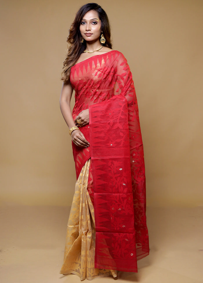 Red Tant Jamdani Saree Without Blouse Piece