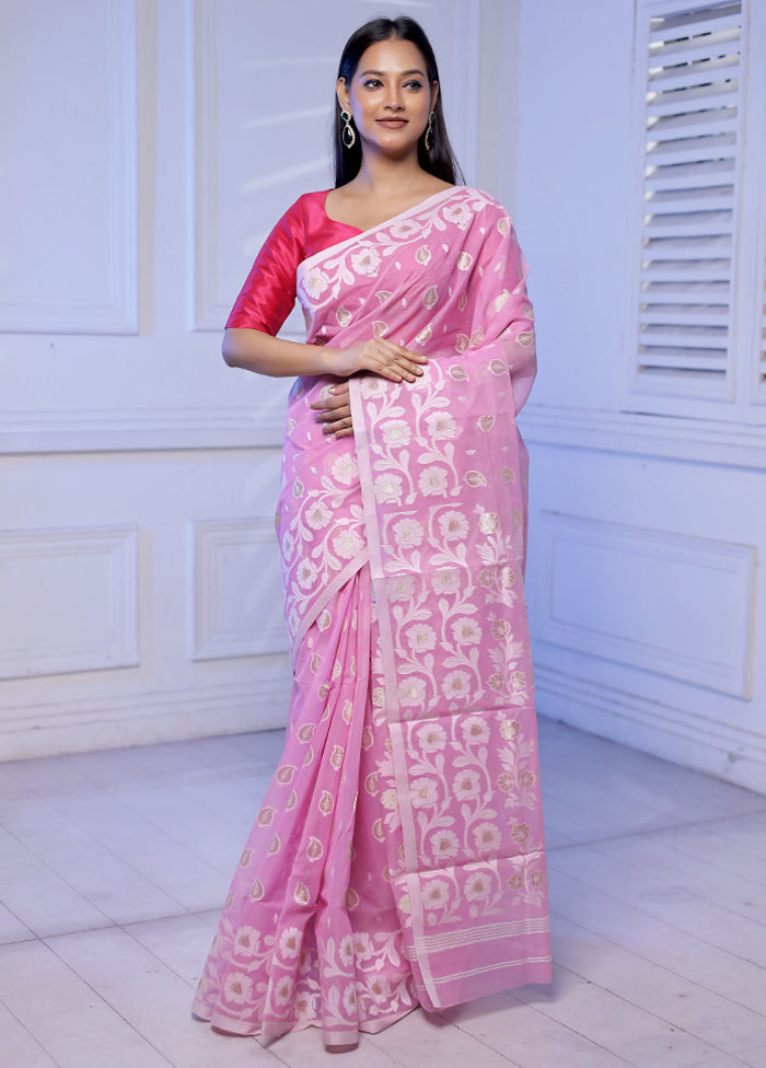 Pink Tant Jamdani Saree Without Blouse Piece