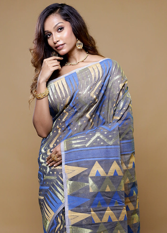 Grey Tant Jamdani Saree Without Blouse Piece