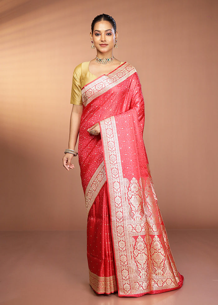 Pink Handloom Tanchoi Pure Silk Saree With Blouse Piece