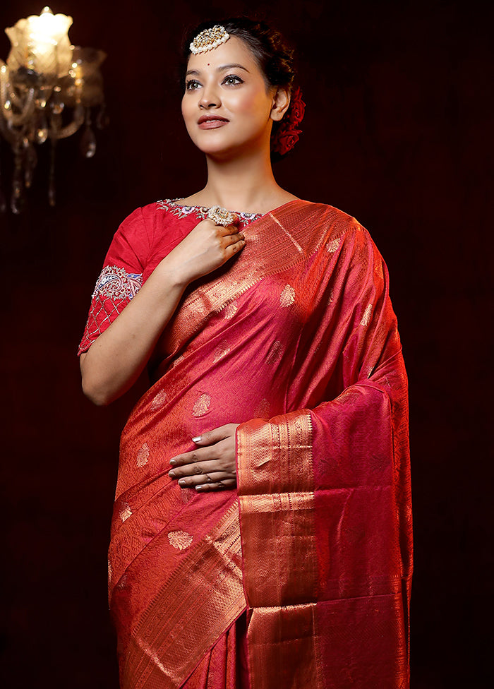 Pink Handloom Kanchipuram Pure Silk Saree With Blouse Piece