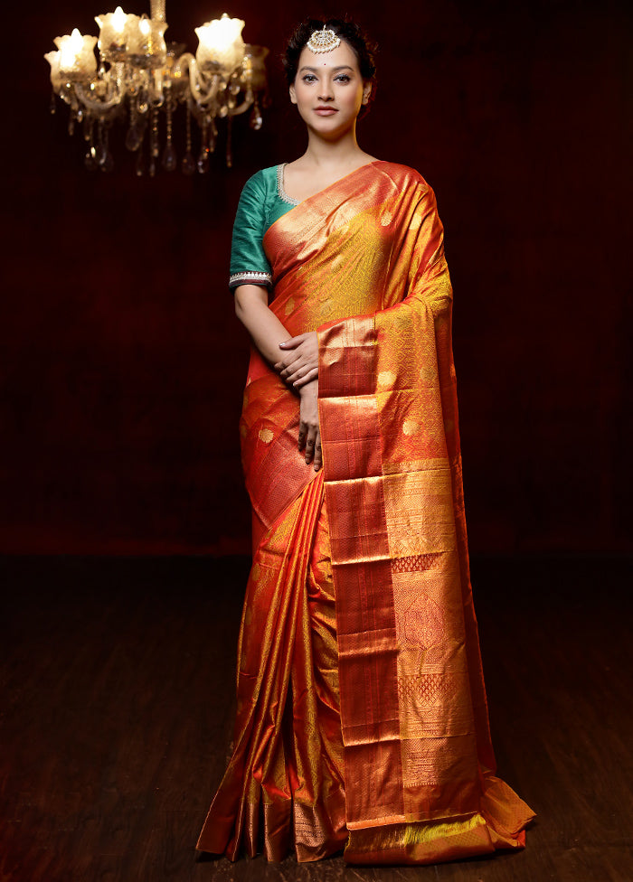 Yellow Handloom Kanchipuram Pure Silk Saree With Blouse Piece
