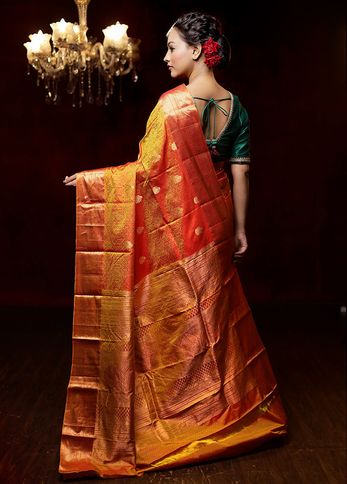 Yellow Handloom Kanchipuram Pure Silk Saree With Blouse Piece