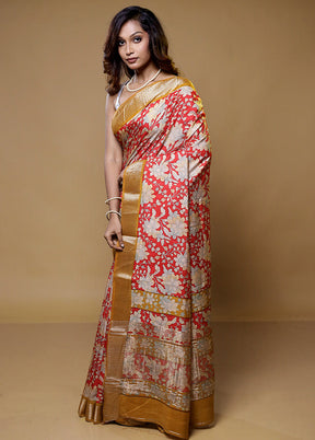 Red Printed Silk Saree Without Blouse Piece