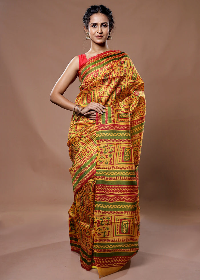 Yellow Printed Pure Silk Saree With Blouse Piece - Indian Silk House Agencies