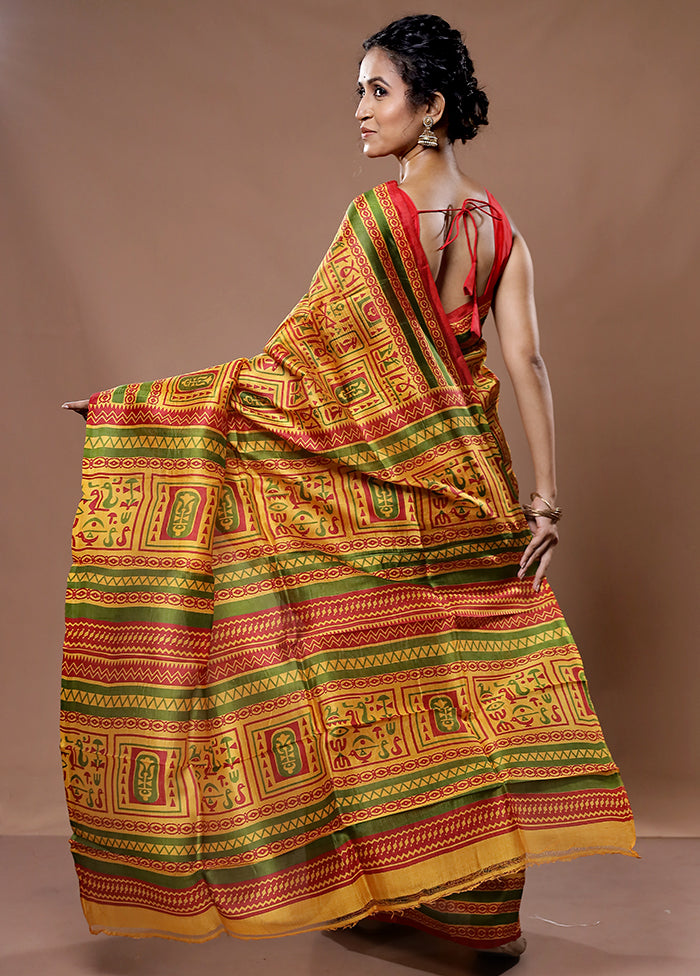 Yellow Printed Pure Silk Saree With Blouse Piece - Indian Silk House Agencies