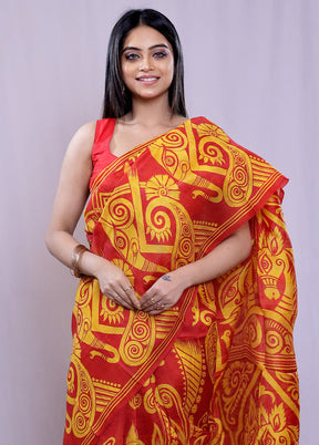 Yellow Printed Pure Silk Saree With Blouse Piece - Indian Silk House Agencies