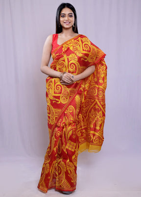 Yellow Printed Pure Silk Saree With Blouse Piece - Indian Silk House Agencies