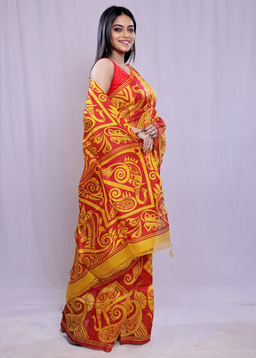 Yellow Printed Pure Silk Saree With Blouse Piece - Indian Silk House Agencies