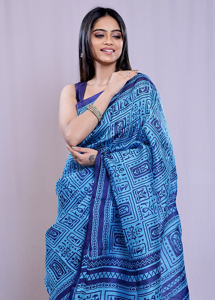 Blue Printed Pure Silk Saree With Blouse Piece - Indian Silk House Agencies